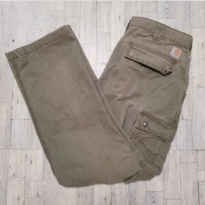 Men's Carhartt Olive Green Canvas Relaxed Straight Leg Cargo Work Pants Size 36